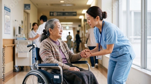 Compassionate Care in Hospital: A caring health worker assists an elderly woman in a wheelchair, with a supportive touch and gentle conversation within a bright, clean hospital corridor.
