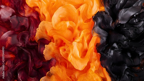 Abstract ink in water background, swirling orange and red smoke texture, artistic liquid paint explosion with black accents, vibrant fluid motion for creative design projects