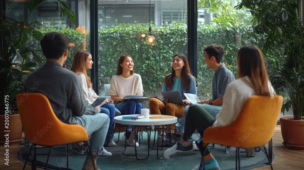 Obraz premium Six young adults sitting in a circle in a bright plant-filled lounge, engaged and relaxed during a collaborative meeting with laptops, notebooks and coffee on a round table