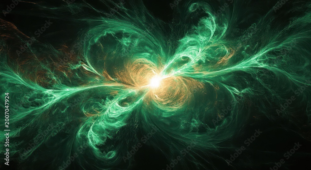 Fototapeta premium radiant green energy burst with swirling filament tendrils and bright central core against a dark background, dynamic and mysterious