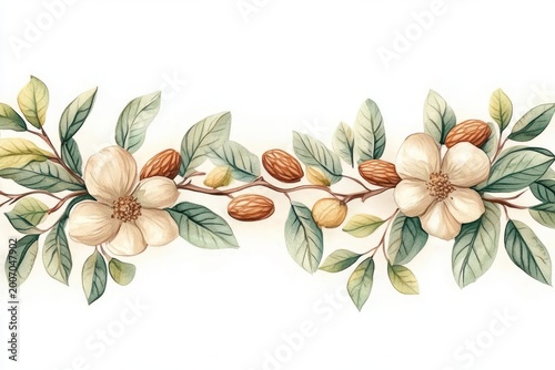 two cream blossoms with almond-like nuts on leafy branches in a delicate serene watercolor botanical garland