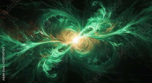 radiant green energy burst with swirling filament tendrils and bright central core against a dark background, dynamic and mysterious