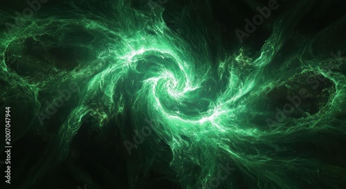 Luminous emerald vortex of swirling energy with electric tendrils over a dark cosmic background, evoking awe and mystery