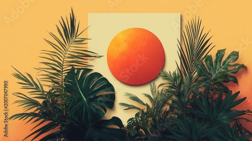 Lush tropical houseplants surrounding a warm orange circular wall art on a pale panel against a golden wall, calm and vibrant modern botanical scene