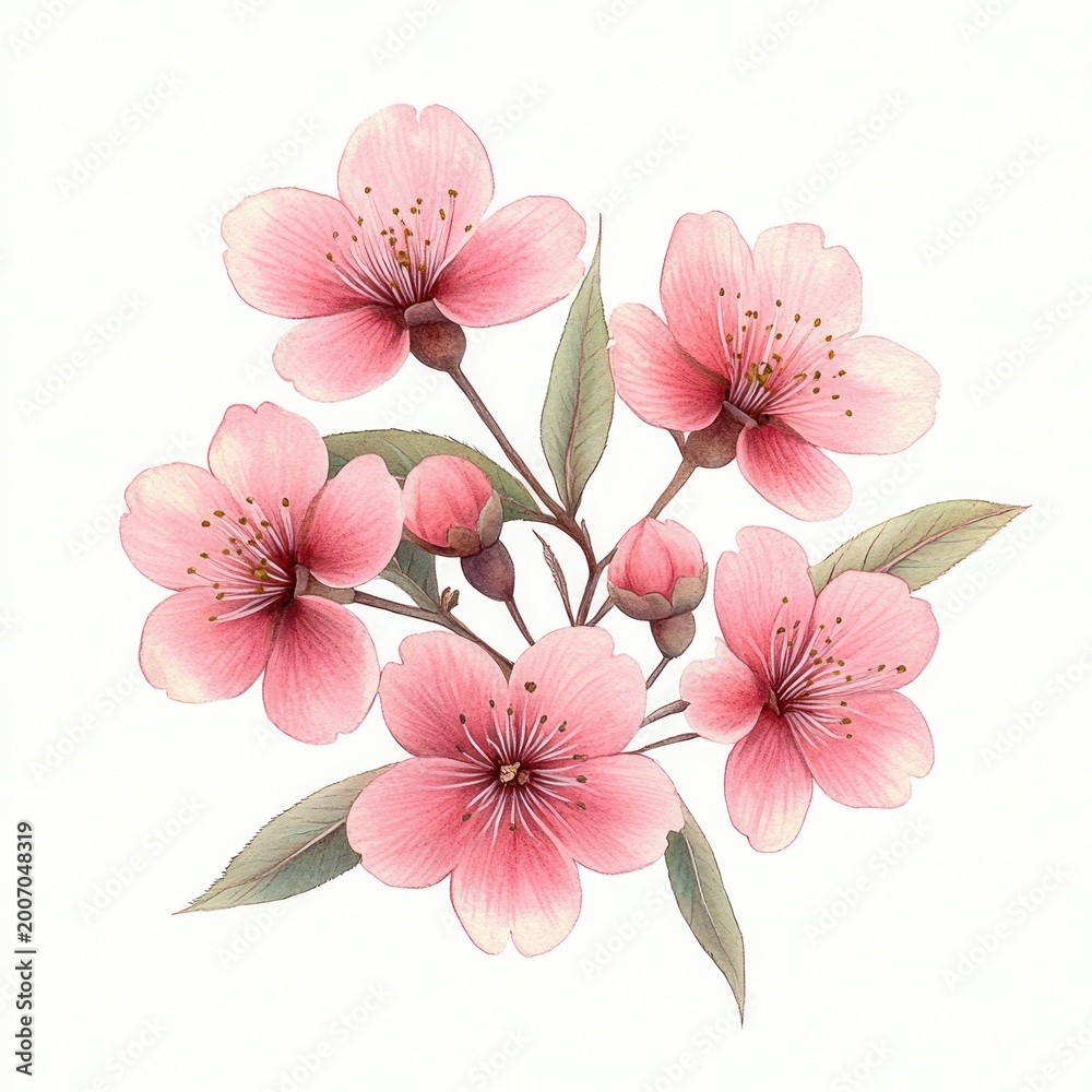 Fototapeta premium delicate pink blossom bouquet with open flowers, buds, soft green leaves and slender stems on white background, evoking gentle serenity and romance
