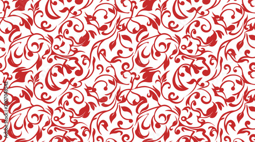 Red and White Seamless Floral Damask Pattern with Ornate Scrollwork and Vintage Leaves