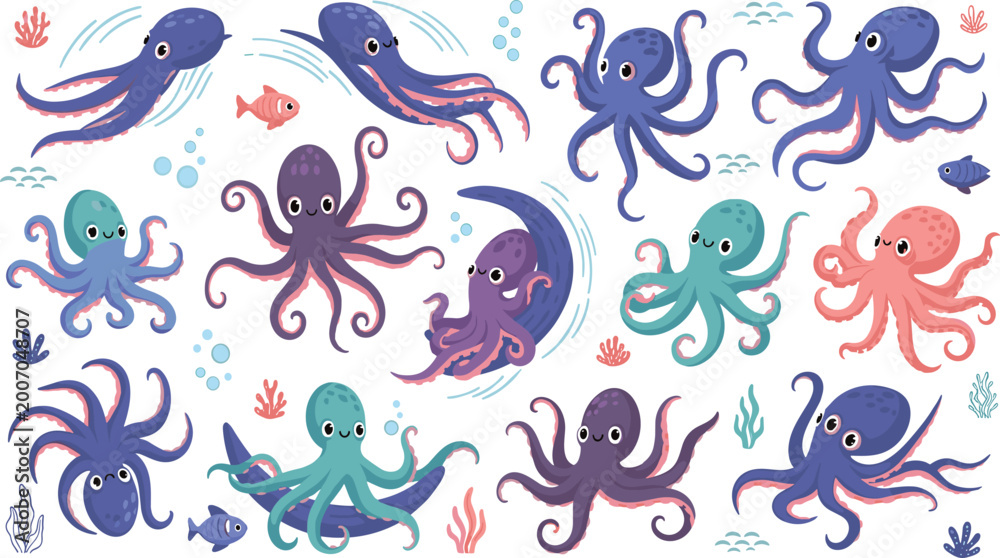 Obraz premium Cute Cartoon Octopus Collection with Colorful Marine Characters, Coral Elements, and Playful Underwater Animals in Different Poses for Kids Illustration and Ocean Design.