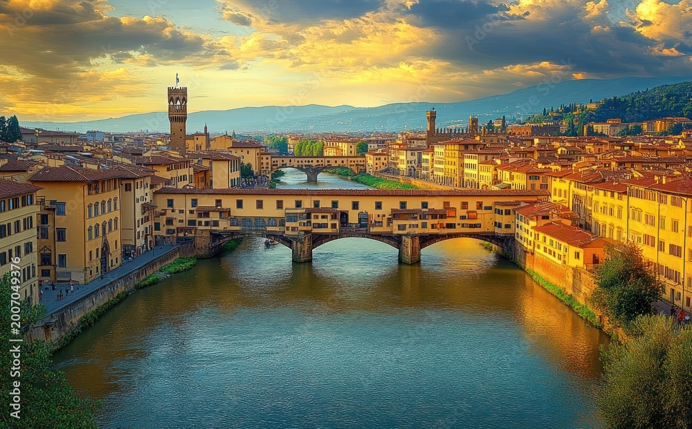 Obraz premium historic stone bridge lined with small shops over a calm river, terracotta rooftop cityscape with a tall tower under a golden dramatic sunset, warm nostalgic mood