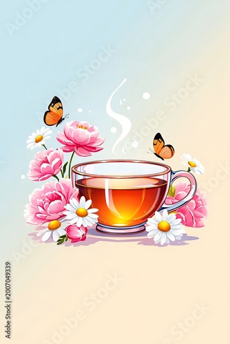 A Warm Cup of Tea Surrounded by Delicate Pink Flowers and Butterflies at Sunrise