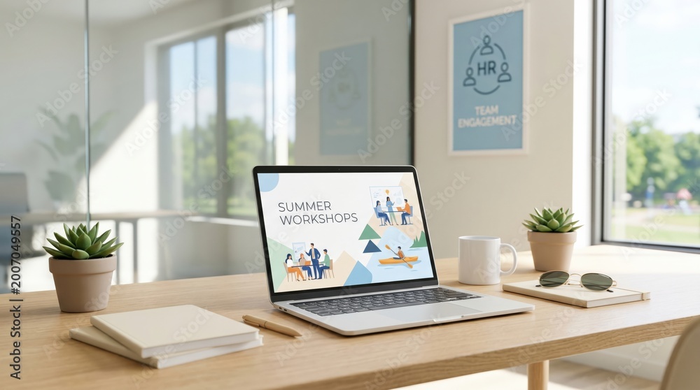 Fototapeta premium Modern Office Desk with Laptop Displaying Summer Workshop Corporate Training Program Concept