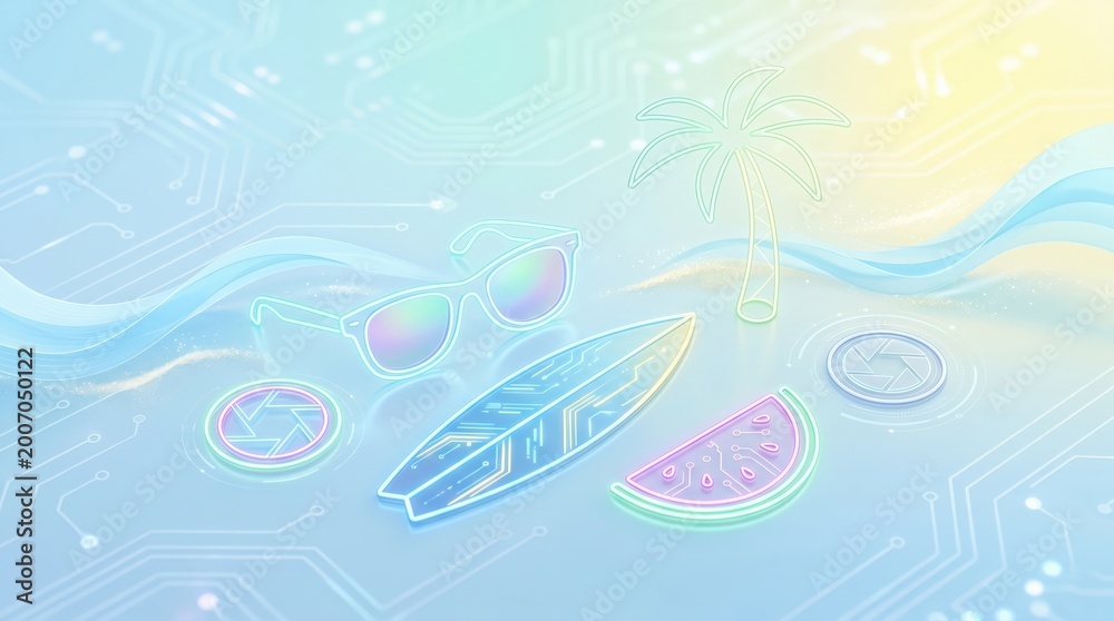 Fototapeta premium Digital Summer Concept with Neon Surfboard Sunglasses and Tech Circuit Board Background