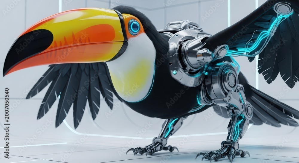 Fototapeta premium futuristic cyber toucan with neon circuit wings perched on digital platform in sci-fi environment
