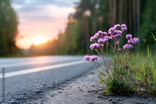 Delicate Pink Flowers Growing Beside a Road at Sunset in a Serene Natural Landscape