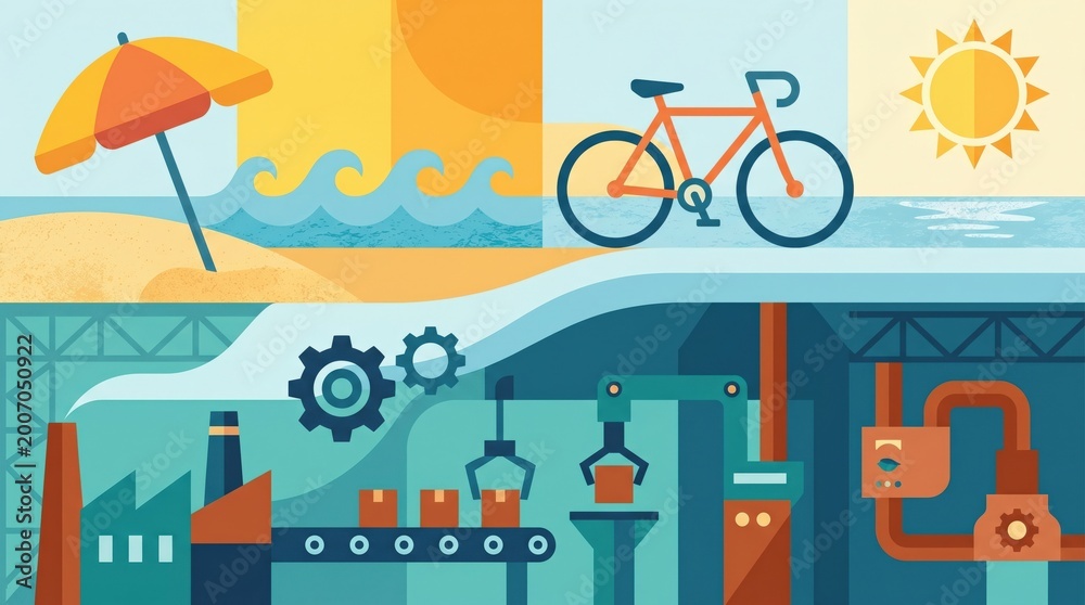 Naklejka premium Industrial Manufacturing and Leisure Lifestyle Concept Illustration