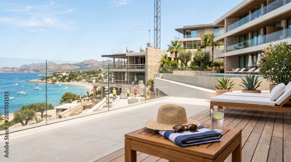 Fototapeta premium Luxury Hotel Terrace Overlooking Mediterranean Bay with Construction Site in Background