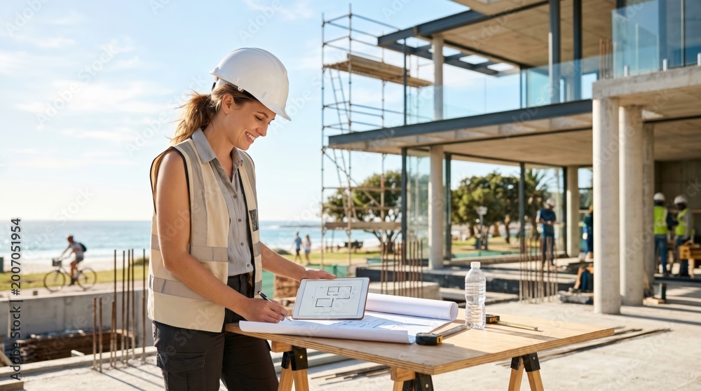 Fototapeta premium Female Architect Reviewing Construction Plans on Tablet at Coastal Building Site