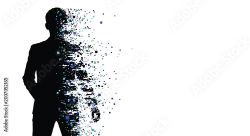 Silhouette of a businessman dissolving into digital data particles on a clean white background scene