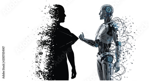 Tableau sur toile Human silhouette facing a metallic robot as it reaches out through a cloud of fr