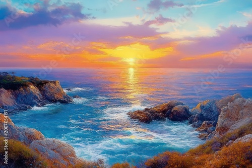 Serene golden sunset over rocky coastline with turquoise waves, vibrant pastel sky and glowing ocean reflection