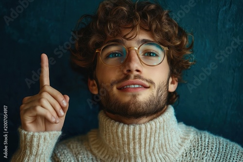 person with curly hair wearing a chunky cream turtleneck sweater raising an index finger against a teal textured background, conveying a thoughtful or instructive gesture