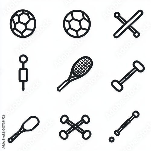 minimal black outline sports equipment icons grid showing patterned balls, crossed sticks, rackets, paddles, dumbbells and fitness tools on white background, calm playful mood