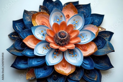 layered paper flower with blue and peach petals, gold glitter accents and intricate quilling center, elegant handmade decoration evoking delicate warmth and refined beauty