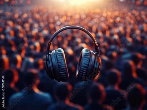 Large floating headphones above a blurred concert crowd at sunset, evoking excitement, unity and immersive music experience