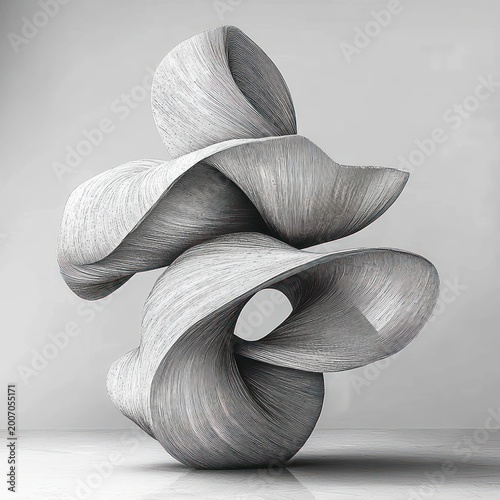 monochrome twisted ribbon sculpture with layered wood-grain texture on a neutral studio floor, flowing curving forms evoking calm elegant minimalism