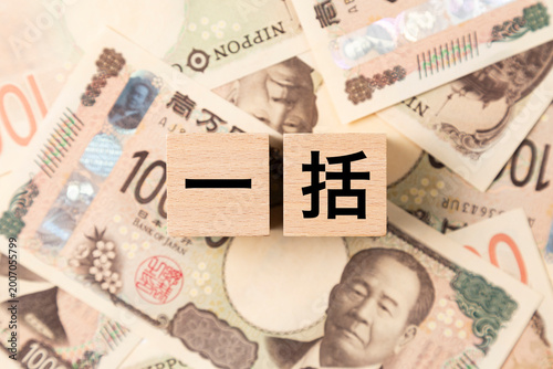 「一括」と書かれたブロックとたくさんの一万円札