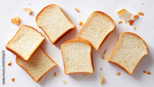 Freshly Baked Sliced White Bread Pieces Scattered on a White Surface.