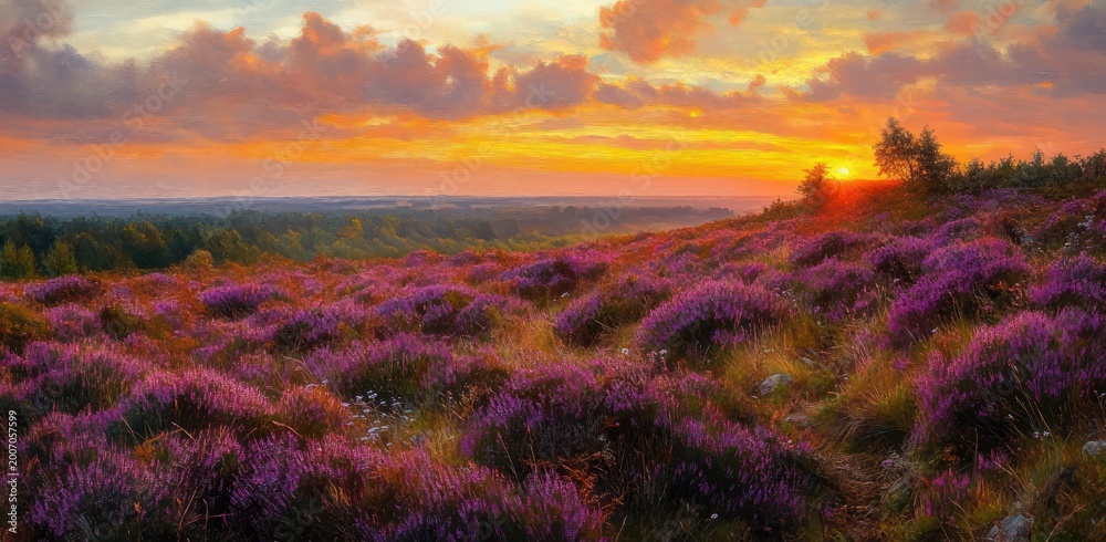 Fototapeta premium Tranquil rolling hills carpeted in vibrant purple heather and white wildflowers under a golden sunset with dramatic clouds and distant treeline