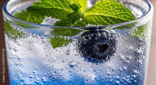 Refreshing blue drink with mint leaves and a blueberry ice cube close-up