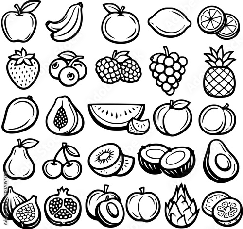 Hand drawn fruit outline icon set isolated on white background