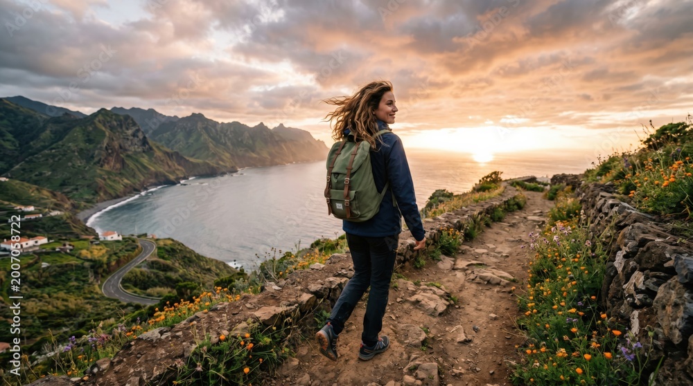 Fototapeta premium Young woman hiking on coastal cliff trail at sunset with ocean view