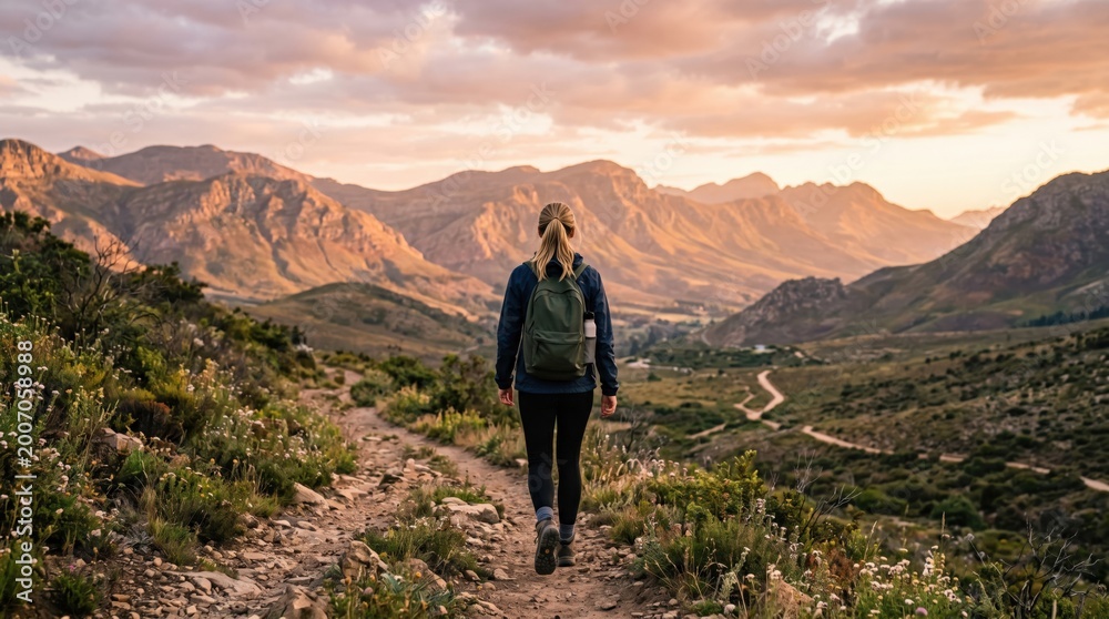 Obraz premium Solo Female Hiker Walking on Mountain Trail at Sunset Adventure Travel