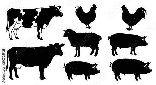 Fotografia Collection of Farm Animal Silhouettes Including Cows Sheep and Pigs