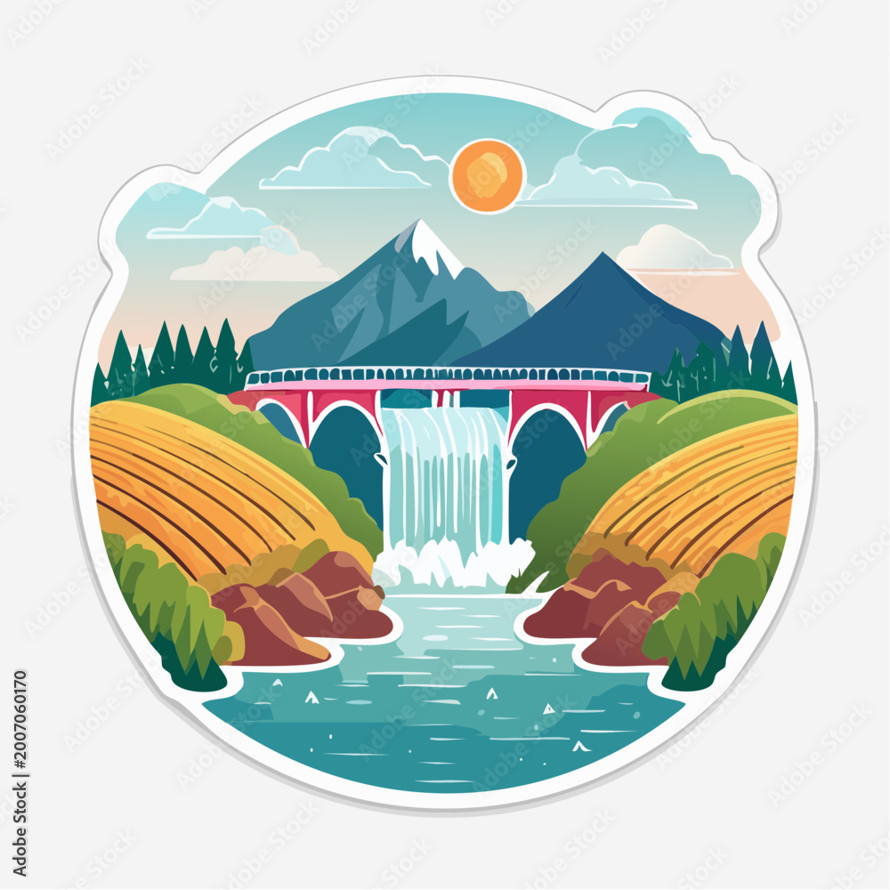 Naklejka premium Scenic Landscape with Waterfall, Bridge, Mountains, and Fields