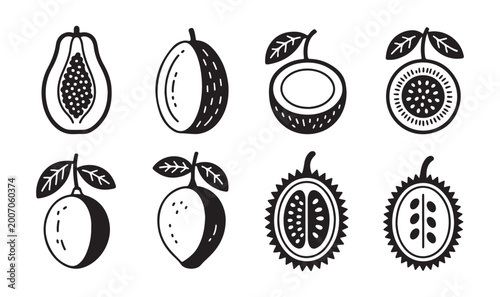 Set of black and white tropical fruit icons featuring papaya, passion fruit, and durian designs.