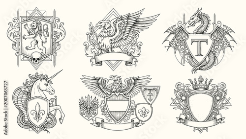 Tableau sur toile Collection of vintage heraldic shields and banners with royal emblems and symbol