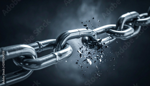 A thick metal chain link is shown breaking apart with debris flying outwards in a dramatic dark setting