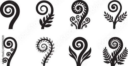Foto Fern Fiddlehead and Koru Spiral Botanical Vector Icon Set