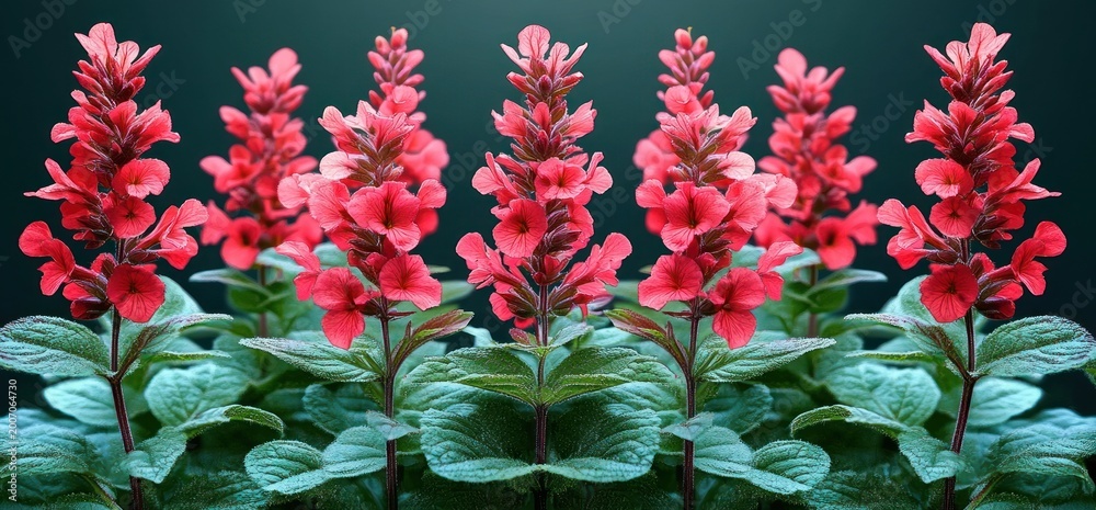 Fototapeta premium row of vibrant red flower spikes with lush textured green leaves, fresh uplifting close-up of ornamental blooms