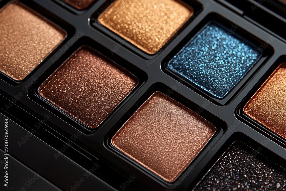 Fototapeta premium close-up of shimmering metallic eyeshadow palette with copper, bronze, gold and blue glitter shades conveying glamorous sparkle