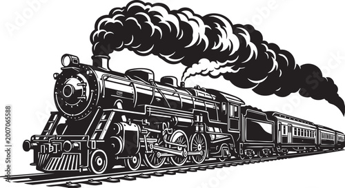Billede på lærred Powerful Vintage Steam Locomotive with Passenger Cars Vector Silhouette