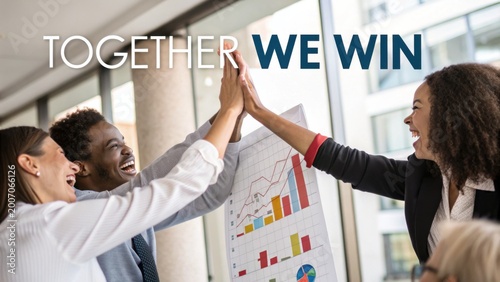 Diverse team celebrates success in corporate environment with enthusiasm and teamwork, showcasing a positive work culture and motivation for achievements