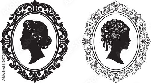 Tableau sur toile Vintage Cameo Frame and Victorian Woman Profile Silhouettes
