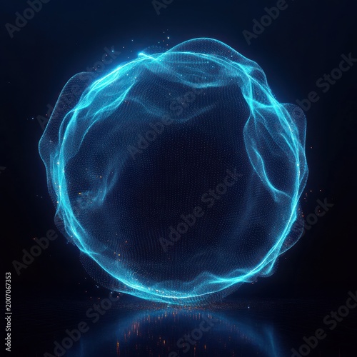 ethereal glowing blue particle sphere: floating wireframe orb with shimmering sparks and reflective surface in a dark futuristic space