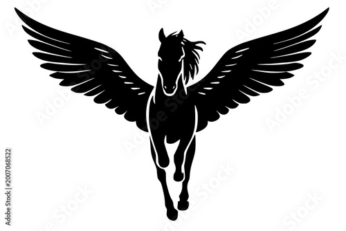 фотографія A powerful black silhouette of a Pegasus in flight, featuring expansive wings and a dynamic galloping pose