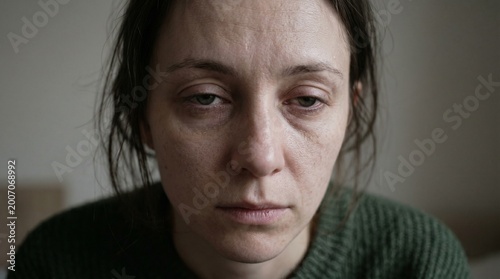 Close-up portrait of a woman with tired eyes looking down, conveying a sense of sadness or exhaustion