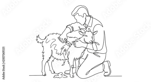 Man shearing a goat in a simple line art illustration  